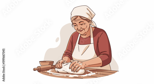 An elderly woman in an apron and headscarf kneads dough on a wooden table