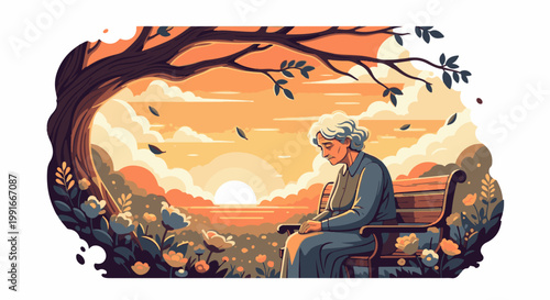 An elderly woman sits alone on a bench surrounded by flowers and a large tree