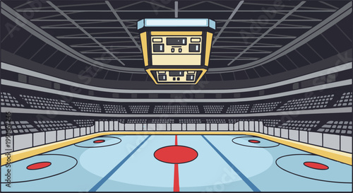 An empty ice hockey arena with bleachers and a scoreboard overhead