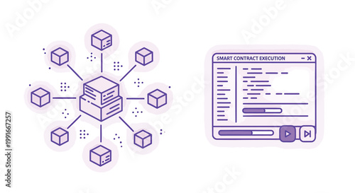 Smart contract evolution, blockchain technology, purple illustration, web development, coding