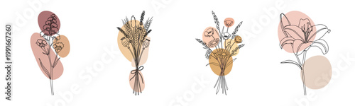 Minimalist botanical line art with abstract shapes and flower arrangements