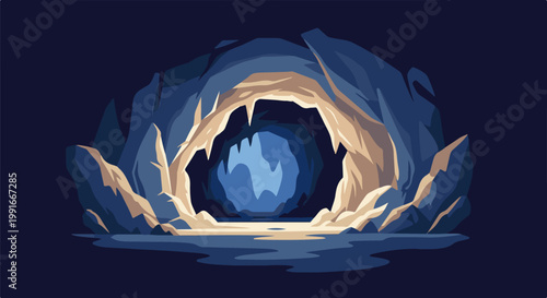 An illuminated cavern entrance with stalactites and rocky formations