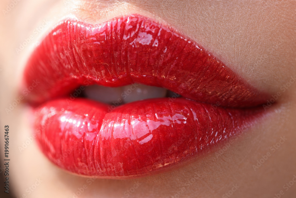 Obraz premium Close-up of glossy red lips with shimmer and shine