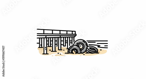 An illustration of tires on a sandy beach near a pier