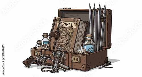 An old brown suitcase is open, filled with mystical items