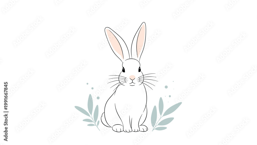Obraz premium Peaceful illustration of a white rabbit sitting calmly among soft green plants and floating decorative dots.