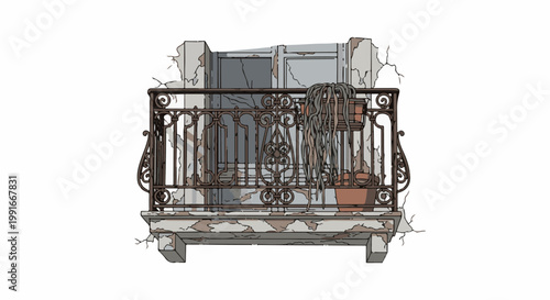An old, weathered balcony with ornate metal railings and a wilting plant