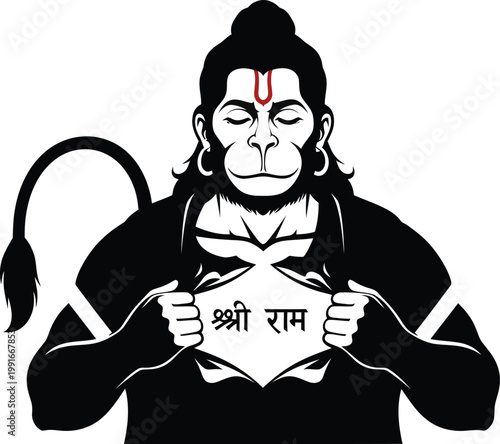 Hanuman with Ram Name - Hanuman opening chest showing “Shri Ram”, clean vector, devotional theme