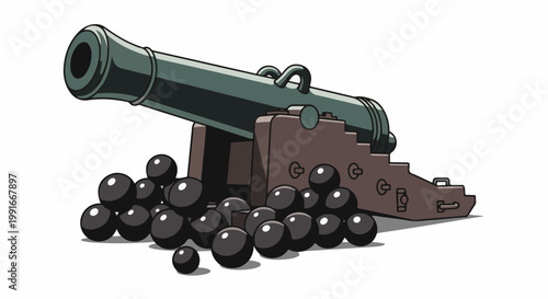 An old-fashioned cannon rests on its wooden carriage, surrounded by cannonballs