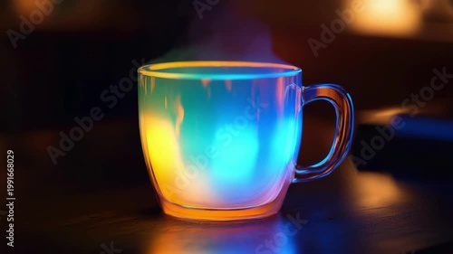 Glowing colorful glass mug with hot drink on dark wooden table