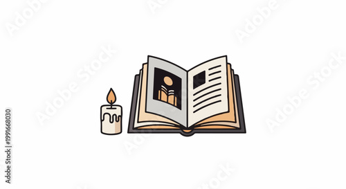 An open book with a candle burning beside it, suggesting study or contemplation