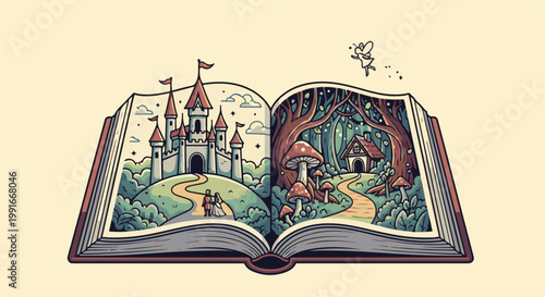 An open book unfolds a fairy tale with a castle and a magical forest
