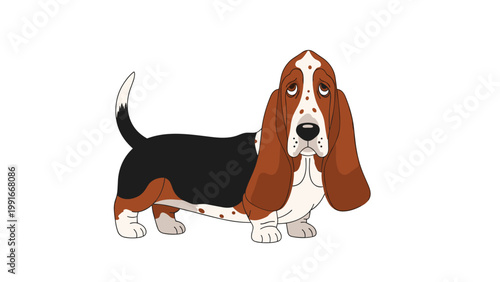 Cartoon basset hound dog character with long ears and a sad expression standing isolated on white background.