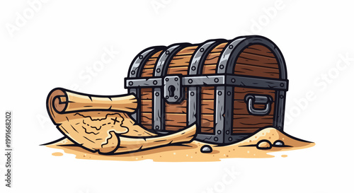 An old wooden treasure chest sits on sandy ground beside a rolled-up treasure map
