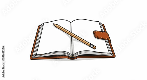 An open leather-bound notebook with a pencil resting on blank pages