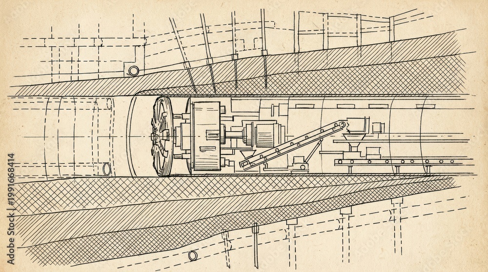 Obraz premium Detailed Engineering Illustration of Tunnel Boring Machinery in a Construction Environment