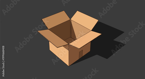 An open cardboard box with flaps extended and casting a shadow