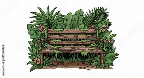 An overgrown wooden park bench sits abandoned amidst lush, vibrant foliage