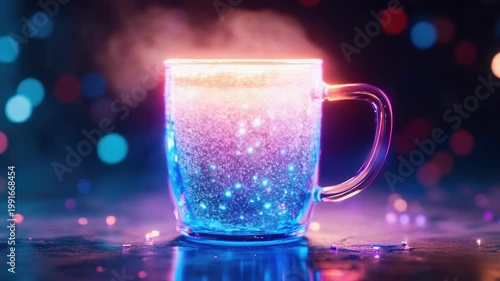 Glowing mug with sparkling lights and bokeh background