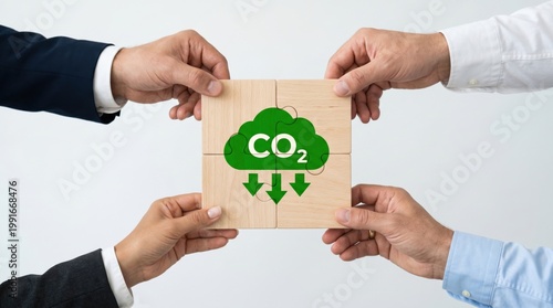 Business hands assembling wooden puzzle pieces with CO2 cloud symbol, concept of carbon emission reduction, sustainability and environmental collaboration.
