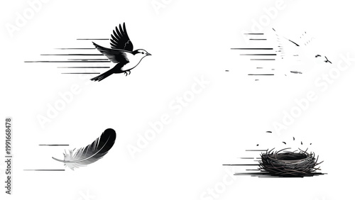 Soaring Flight: Illustration of a bird in dynamic flight, feathers and a nest are left behind, set against the purity.