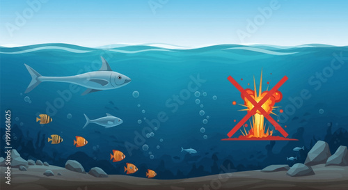 Prohibition of underwater fire explosion with shark and fish.