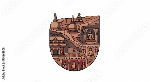 Ancient cave temples with Buddha statues carved into rock formations