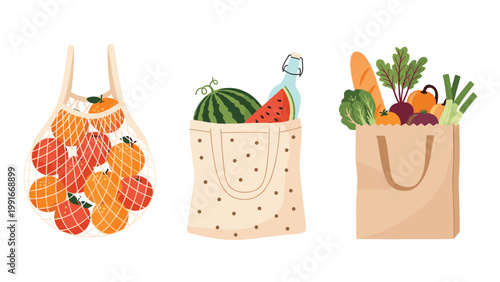 Set of reusable grocery bags and a paper bag filled with fresh healthy vegetables and fruits for sustainable shopping.