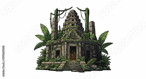 Ancient overgrown stone temple with stone steps leading to an open doorway
