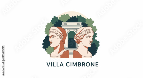 Ancient busts flank a classical archway amidst lush greenery
