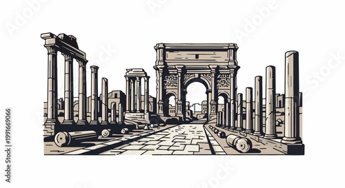 Ancient Roman ruins with a grand arch and columns line a stone path
