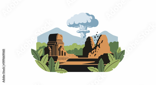 Ancient ruins in a natural landscape with a mushroom cloud in the distance