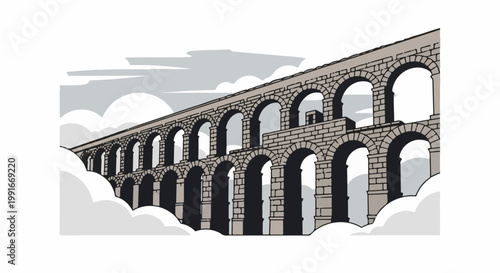 Ancient stone aqueduct structure arching over clouds and sky