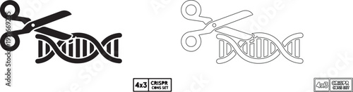 Black and Outline Scissors Cutting DNA Strand Vector Icon Set