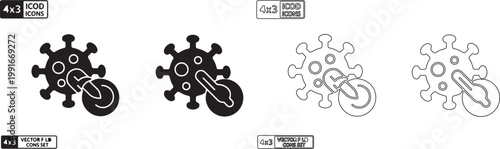 Set of 4 Black and White Coronavirus Disinfection Icons Vector