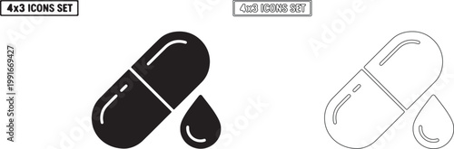 Set of 2 Black and Outline Capsule with Drop Icons Vector