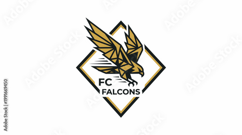 Sleek modern vector logo of a stylized falcon within a geometric diamond. Dynamic design represents speed, strength, competitive spirit for athletic club branding