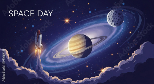 Rocket launching into space with saturn and the moon orbiting in a swirling galaxy on space day