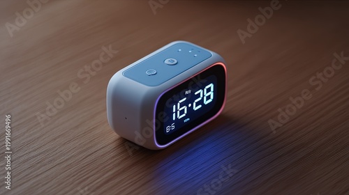 Modern digital alarm clock with a sleek white and blue design sitting on a wooden surface, displaying the time 1628 with soft ambient glowing light
