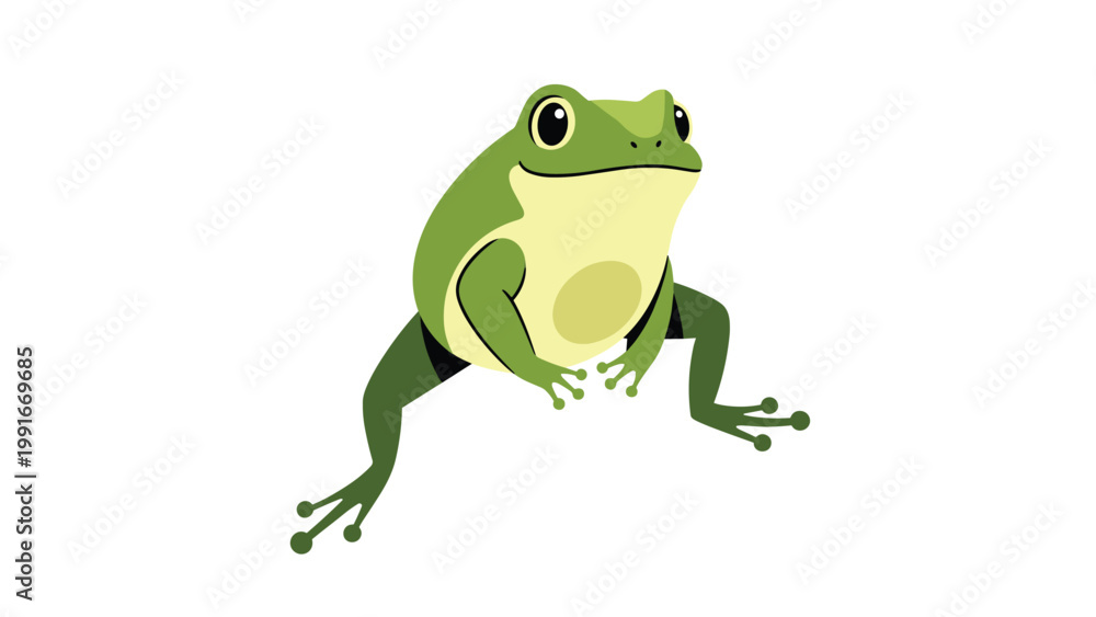 Fototapeta premium Bright green frog with a yellow belly and large black eyes jumping or sitting in a dynamic pose on a white background.