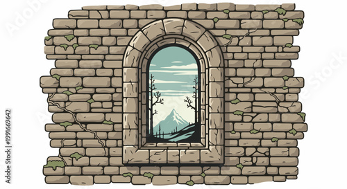 Ancient stone wall with arched window revealing a mountain landscape