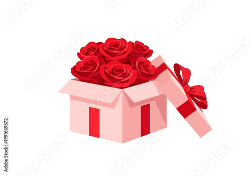A beautiful gift box overflowing with vibrant red roses, tied with a satin ribbon, perfect for expressing love and admiration