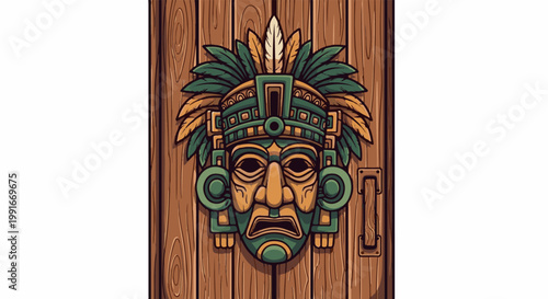 Ancient tribal mask with feathered headdress on wooden door
