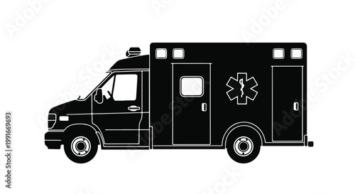 Black ambulance vehicle emergency medical services transport illustration, medical emergency response, healthcare transportation, ambulance exterior