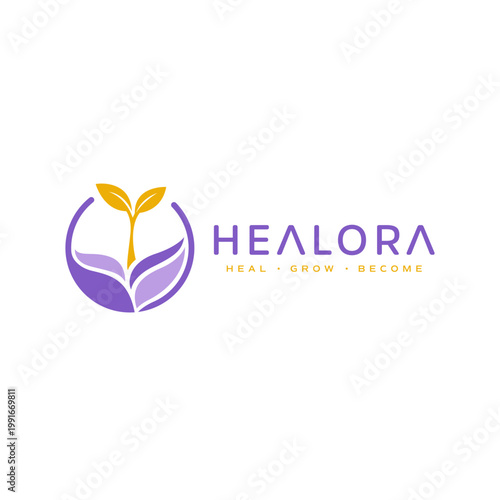 Healoras logo features a plant design, ideal for natural health, wellness, alternative medicine, and holistic healing businesses.