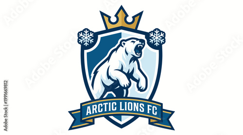 Commanding Vector Football Badge Featuring an Arctic Lion with Crown and Snowflakes