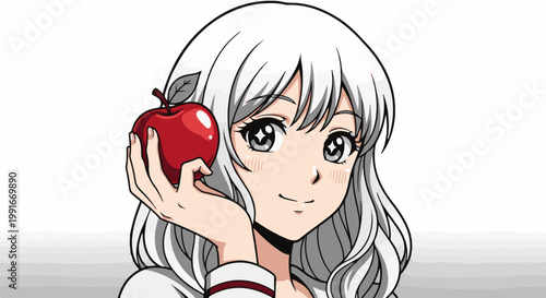 Animated character with white hair holds a shiny red apple near her face