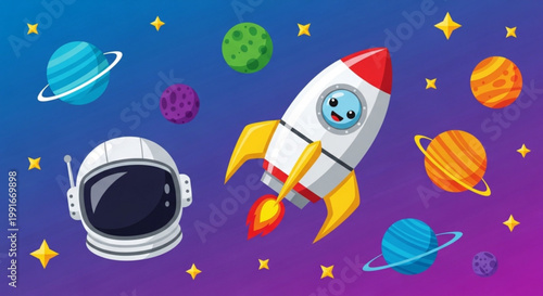 Playful astronaut and rocket soaring through vibrant space with planets stars and colorful celestial bodies on a purple backdrop