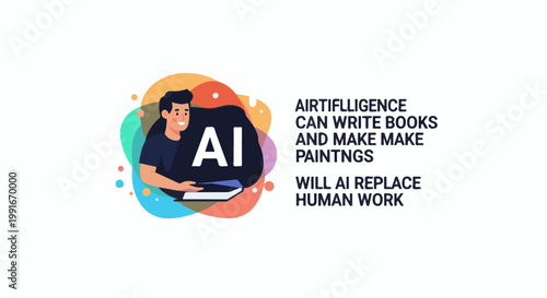 Animated man with "AI" text box, asking if artificial intelligence will replace human work