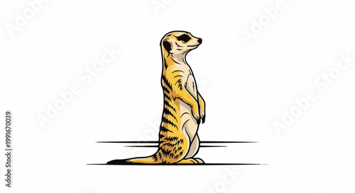 Animated meerkat standing alert on hind legs, striped fur, black eye markings